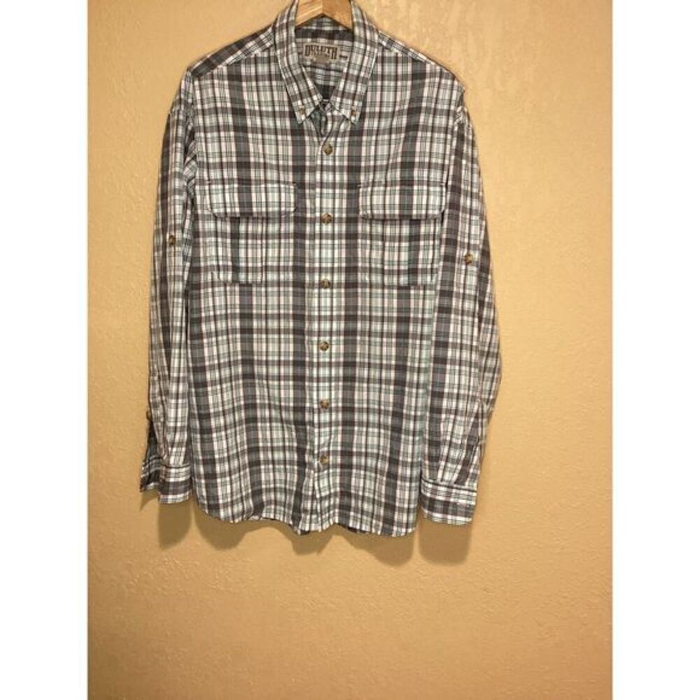 Duluth Trading company Mens Large Teal, White, Gray plaid button up long‎ sleeve